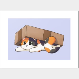 Cute Calico Cat Under Cardboard Box Posters and Art